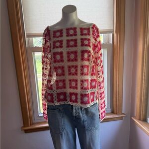 Pink and White Crochet Women Top